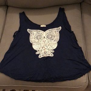 Embroidered owl tank with side cross accent